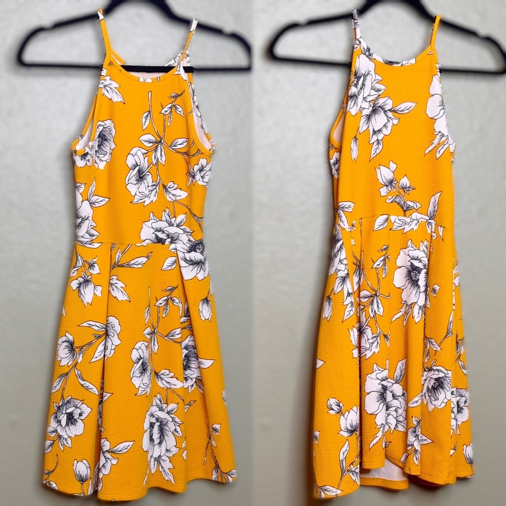 Soprano Yellow Summer Dress with Floral white and Black Pattern